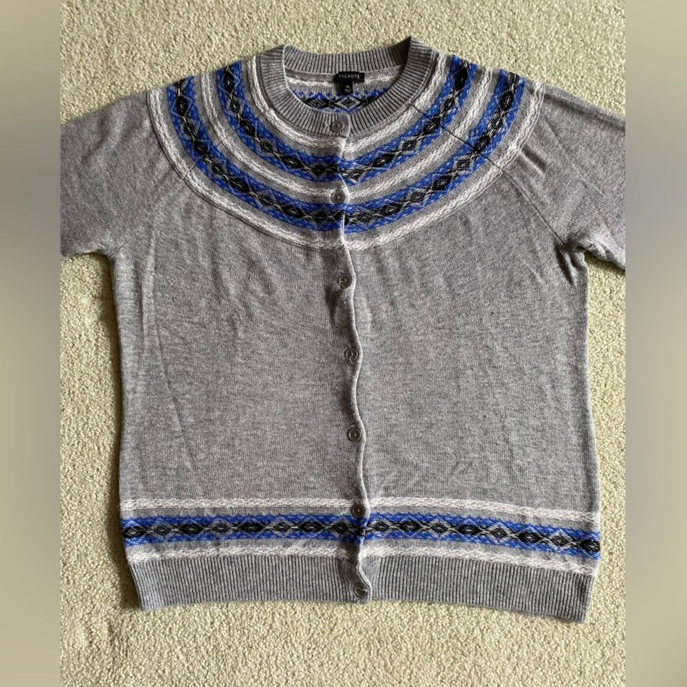 Gray and Blue Patterned Cardigan Sweater